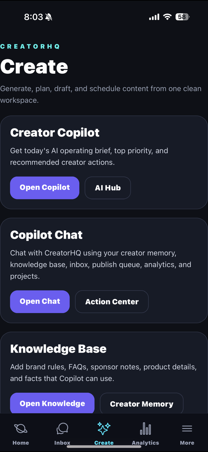 CreatorHQ Create tab showing the Creator Copilot operating brief, Copilot Chat, and Knowledge Base cards