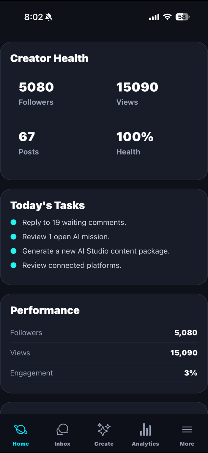 Home tab: Creator Health stats card and Today's Tasks
