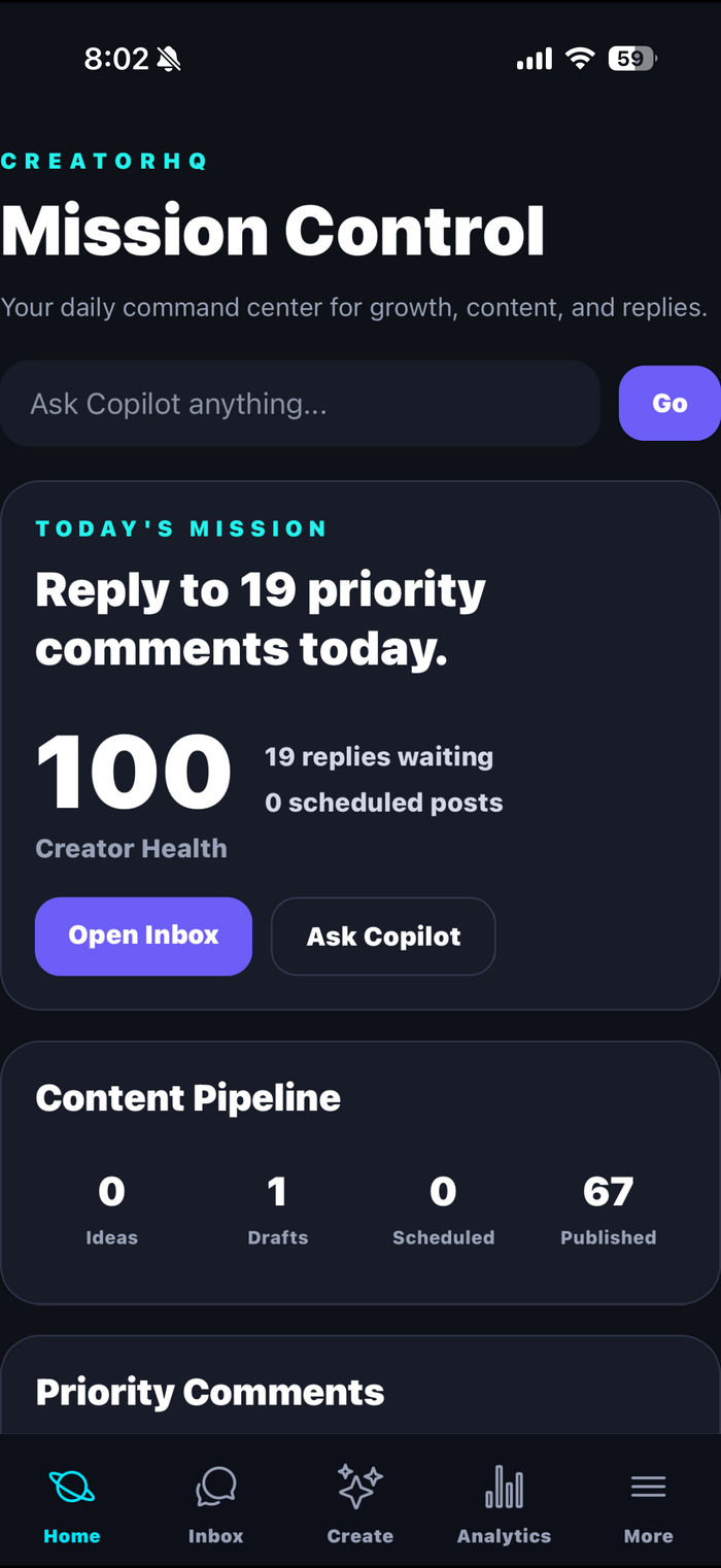 CreatorHQ Home tab showing Mission Control with Today's Mission, a Creator Health score, and Content Pipeline stats