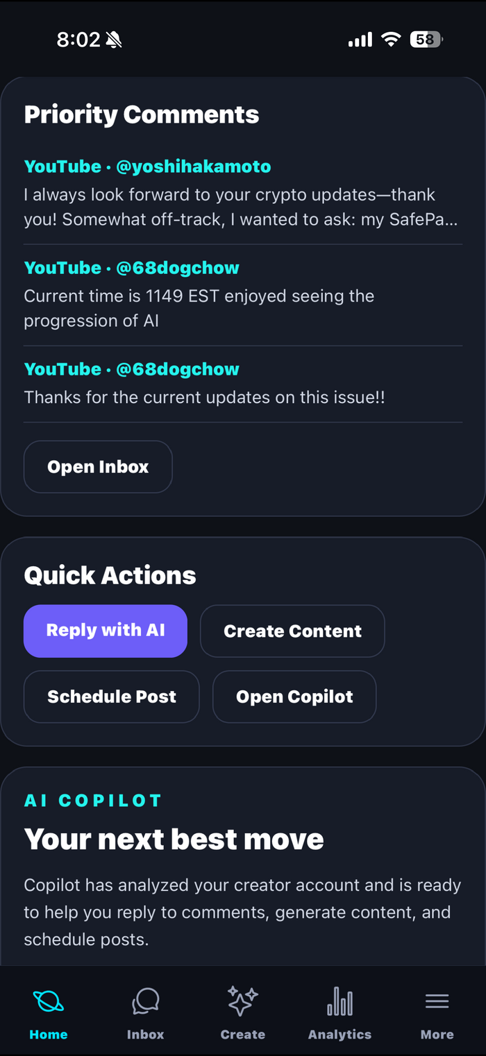 Home tab: Priority Comments feed with real YouTube comments