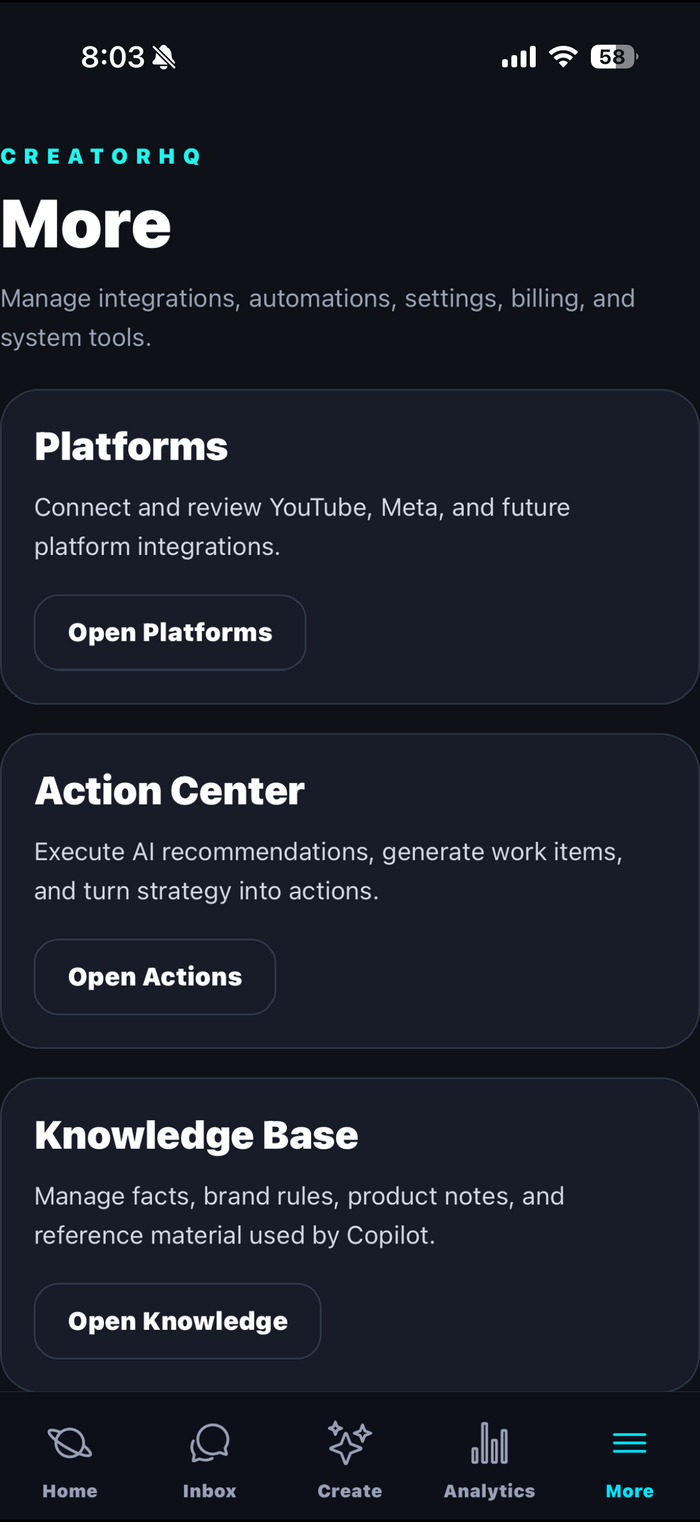 CreatorHQ More tab showing the Platforms, Action Center, and Knowledge Base management cards