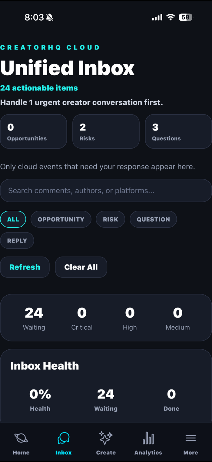 CreatorHQ Inbox tab showing actionable items, category filters for Opportunity, Risk, Question and Reply, priority counts, and the Inbox Health score